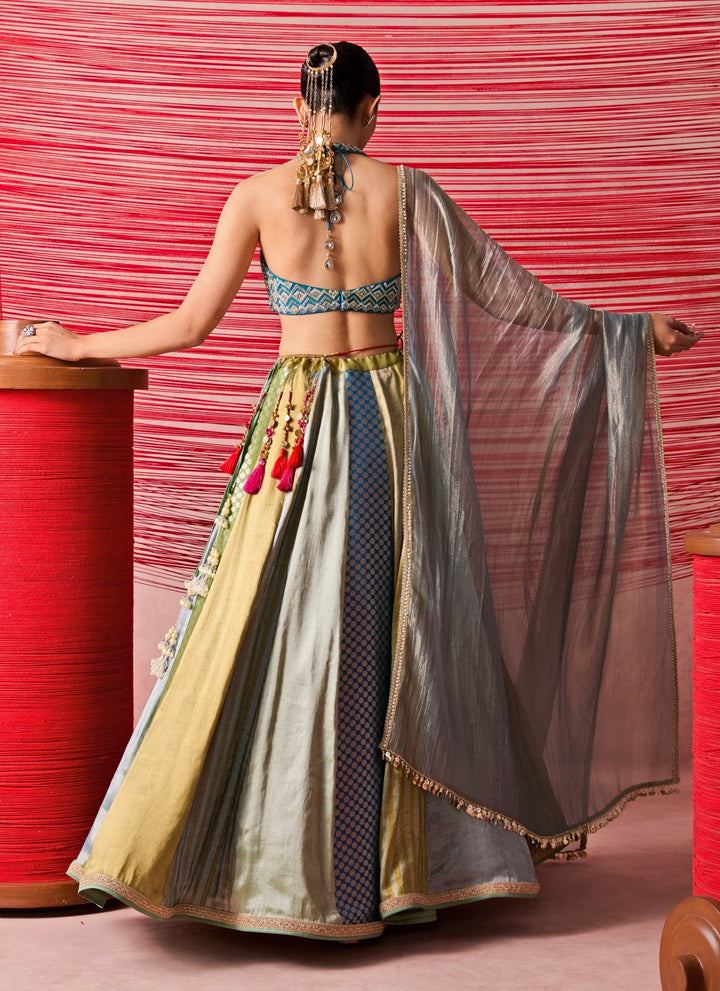 Blue And Gold Jamewar Lehenga Set