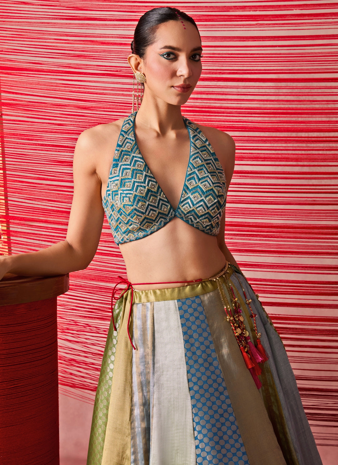 Blue And Gold Jamewar Lehenga Set