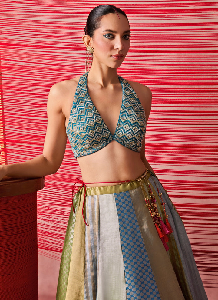Blue And Gold Jamewar Lehenga Set