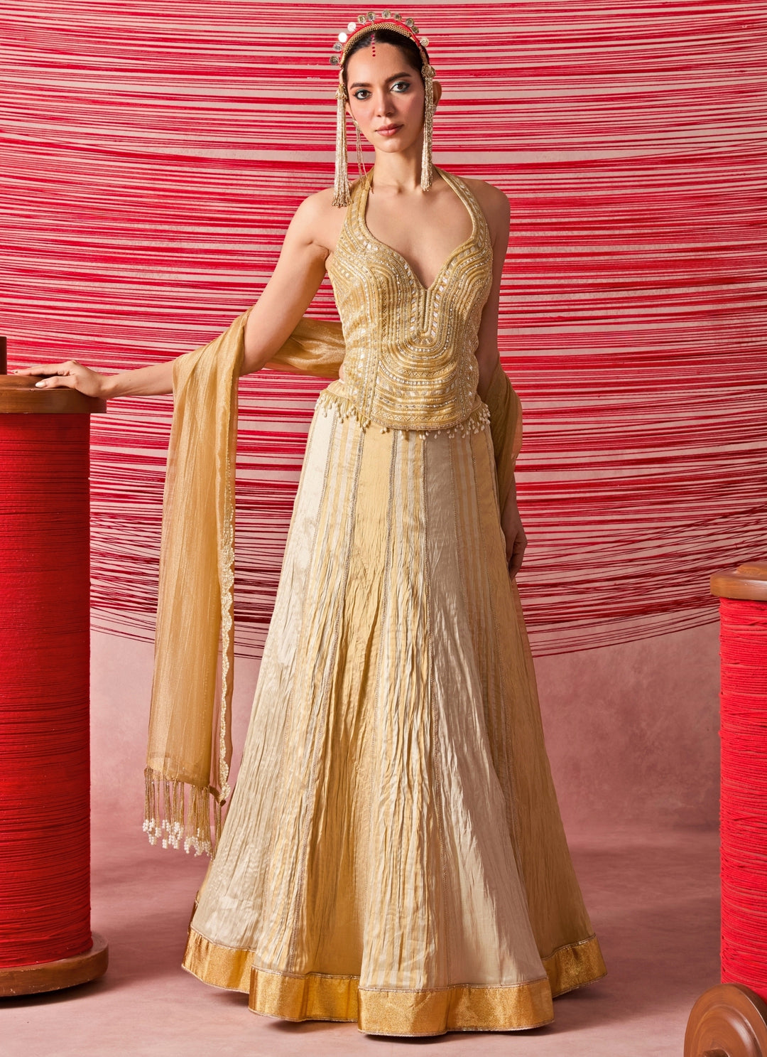Silver And Gold Jamewar Corset Lehenga Set