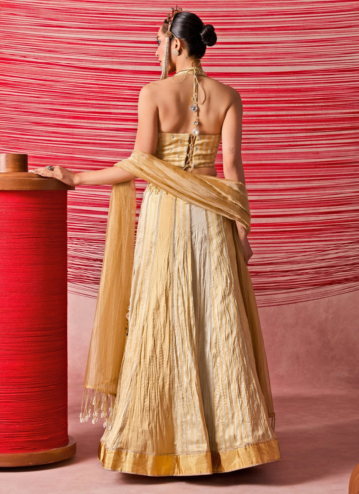 Silver And Gold Jamewar Corset Lehenga Set