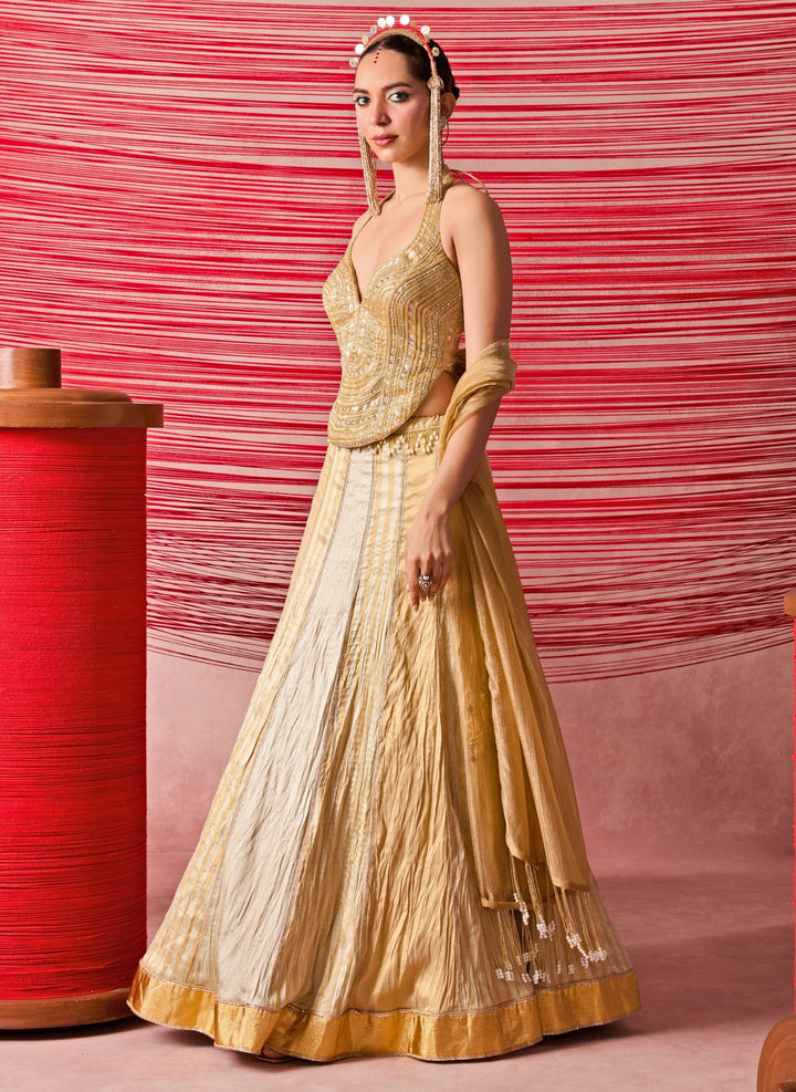 Silver And Gold Jamewar Corset Lehenga Set