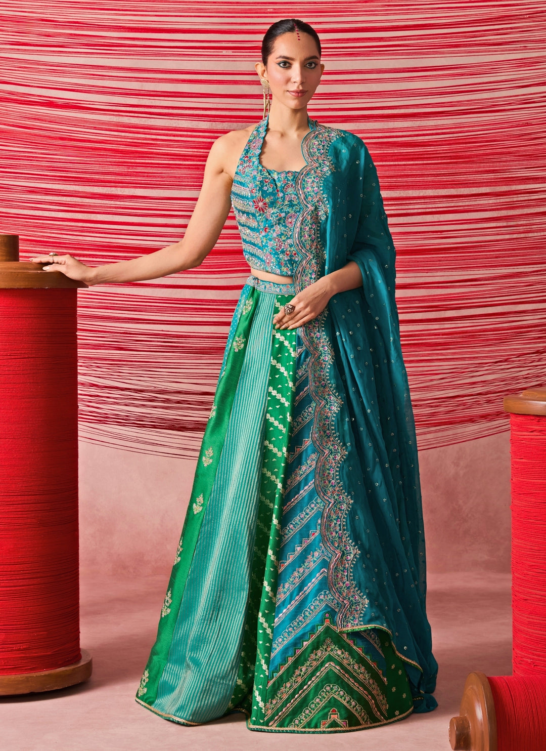 Green And Blue Dupion Silk Corset Lehenga Set