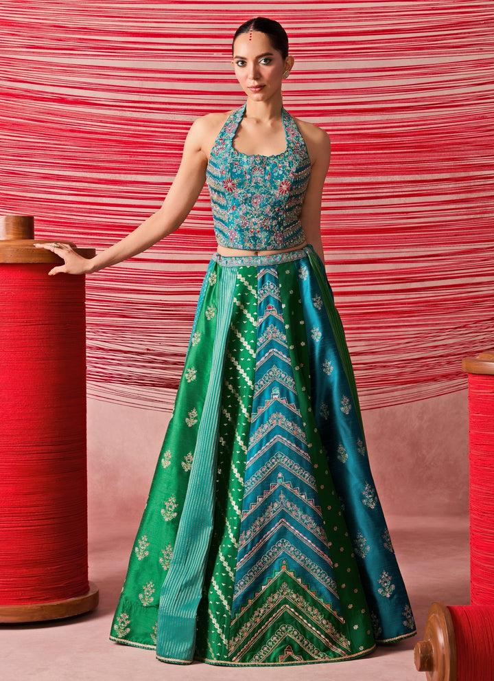 Green And Blue Dupion Silk Corset Lehenga Set