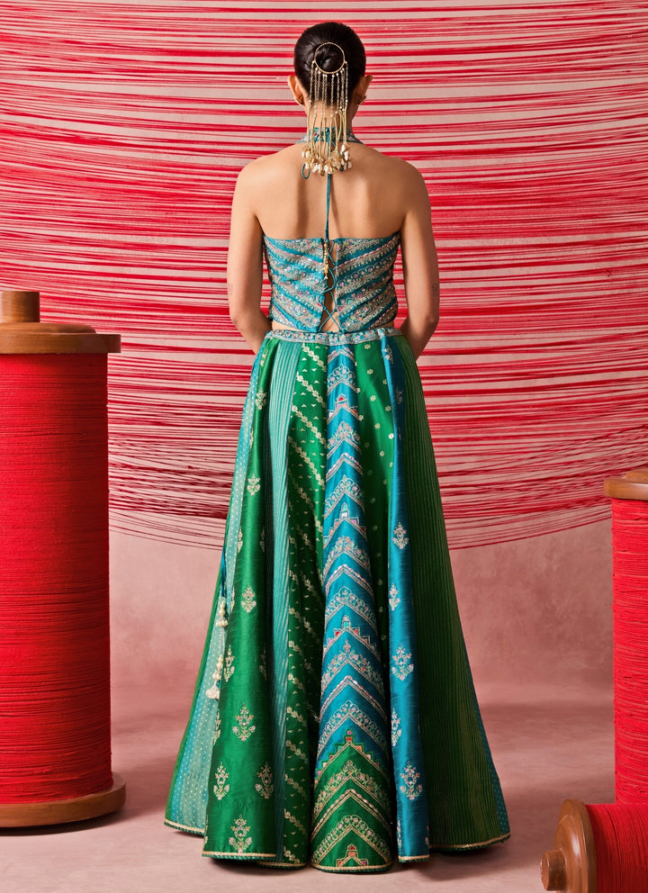 Green And Blue Dupion Silk Corset Lehenga Set