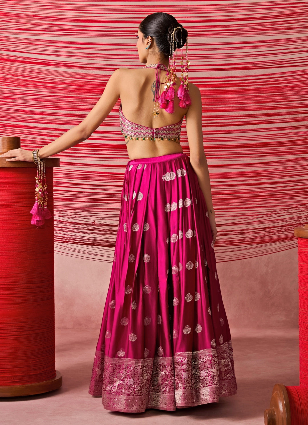 Hot Pink Satin Jamewar Lehenga Set