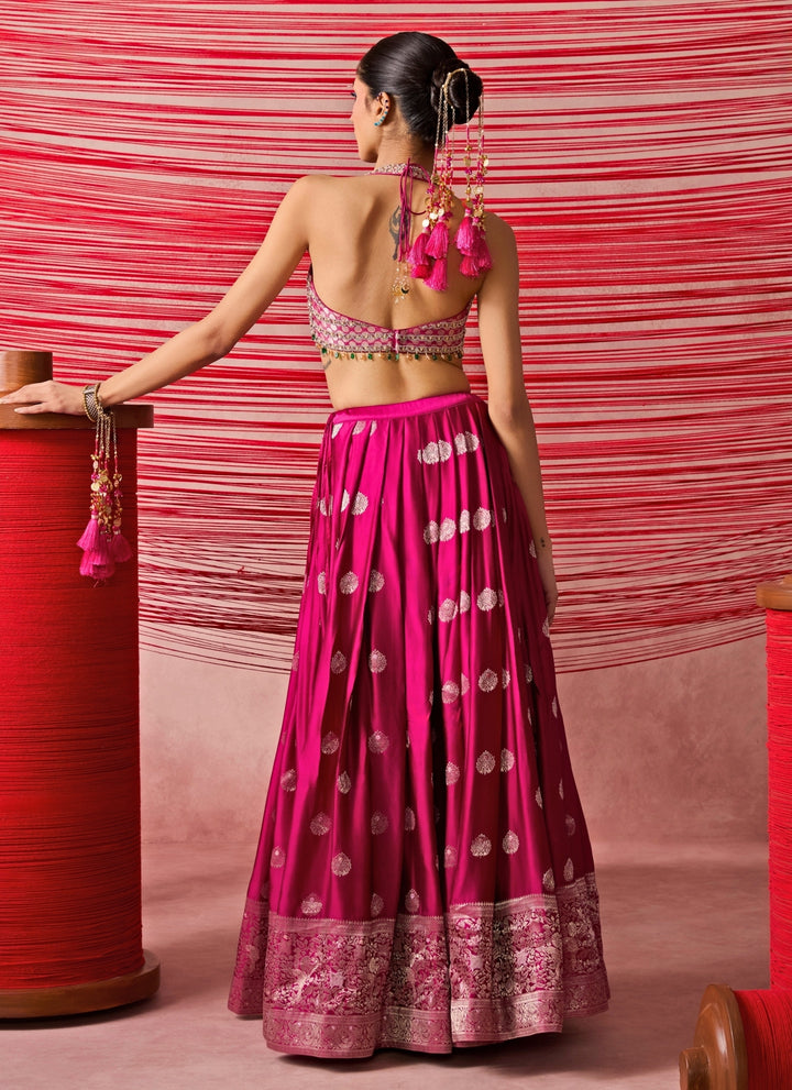 Hot Pink Satin Jamewar Lehenga Set