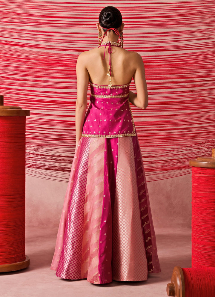 Pink Jamewar Kurta Lehenga Set