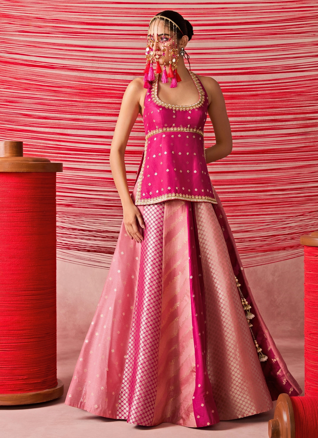 Pink Jamewar Kurta Lehenga Set
