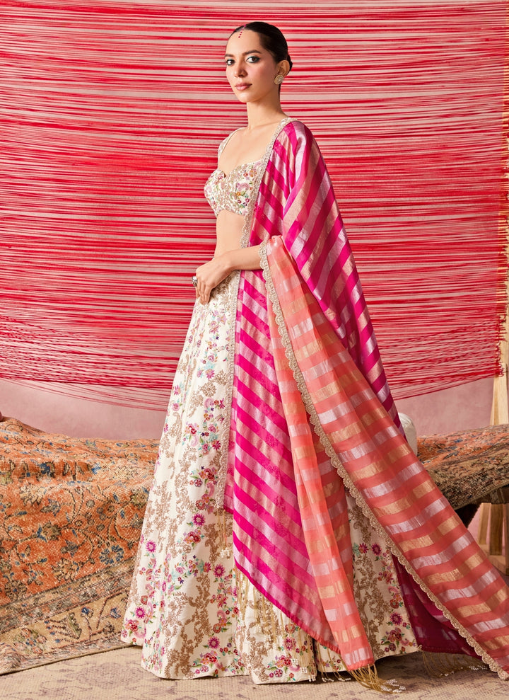 Ivory And Multicolour Dupion Silk Lehenga Set