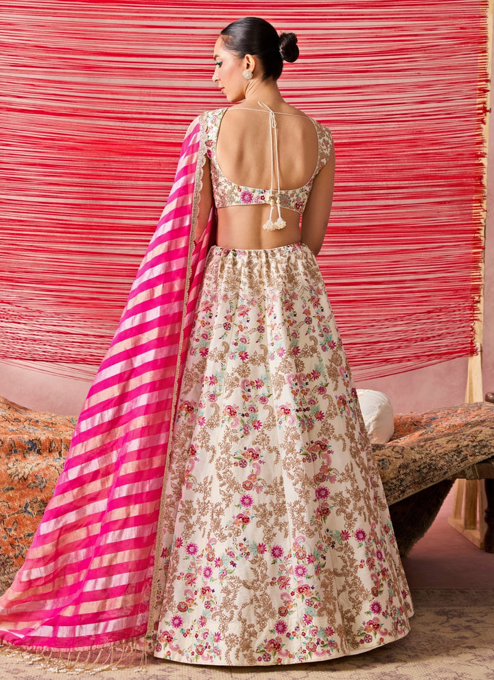 Ivory And Multicolour Dupion Silk Lehenga Set