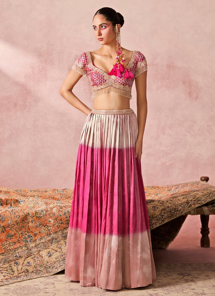 Pink Tissue Jamewar Pleated Lehenga Set