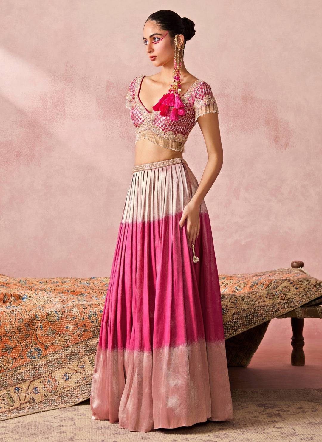 Pink Tissue Jamewar Pleated Lehenga Set