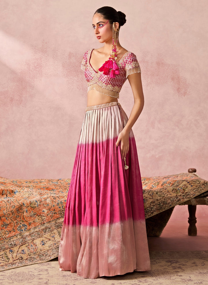 Pink Tissue Jamewar Pleated Lehenga Set
