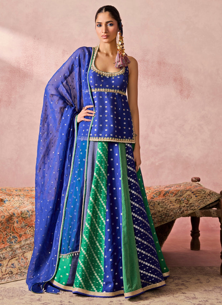 Blue And Green Jamewar Kurta Lehenga Set