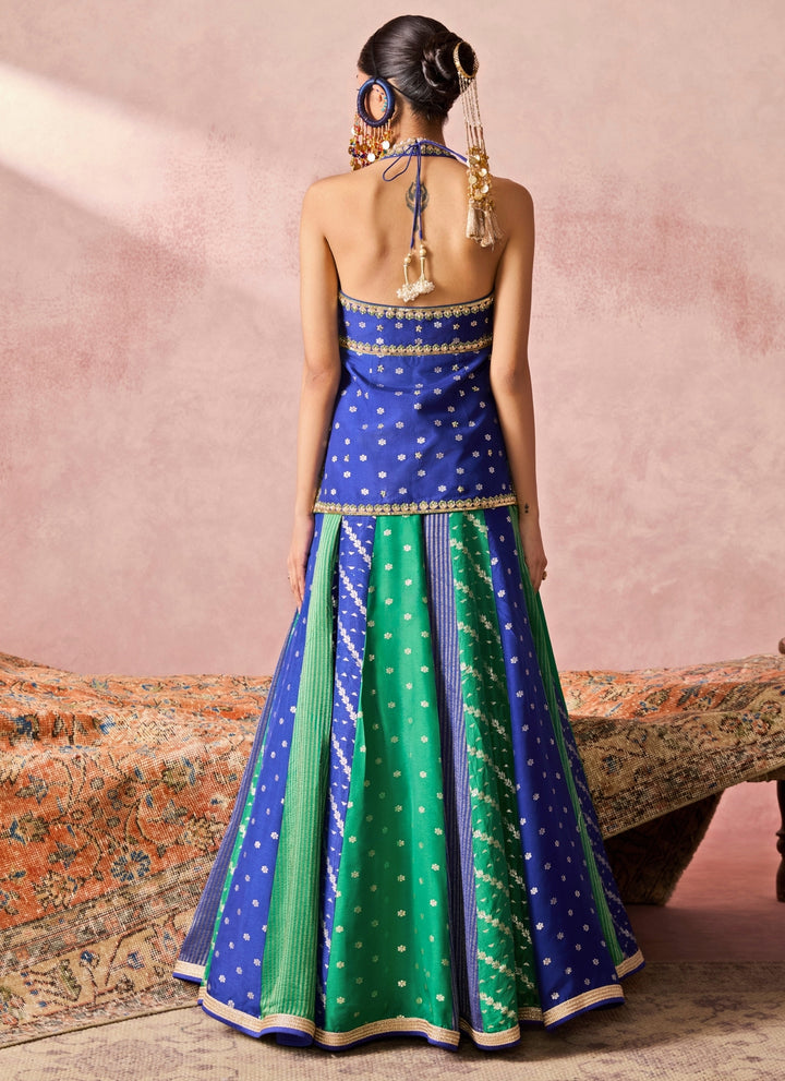 Blue And Green Jamewar Kurta Lehenga Set