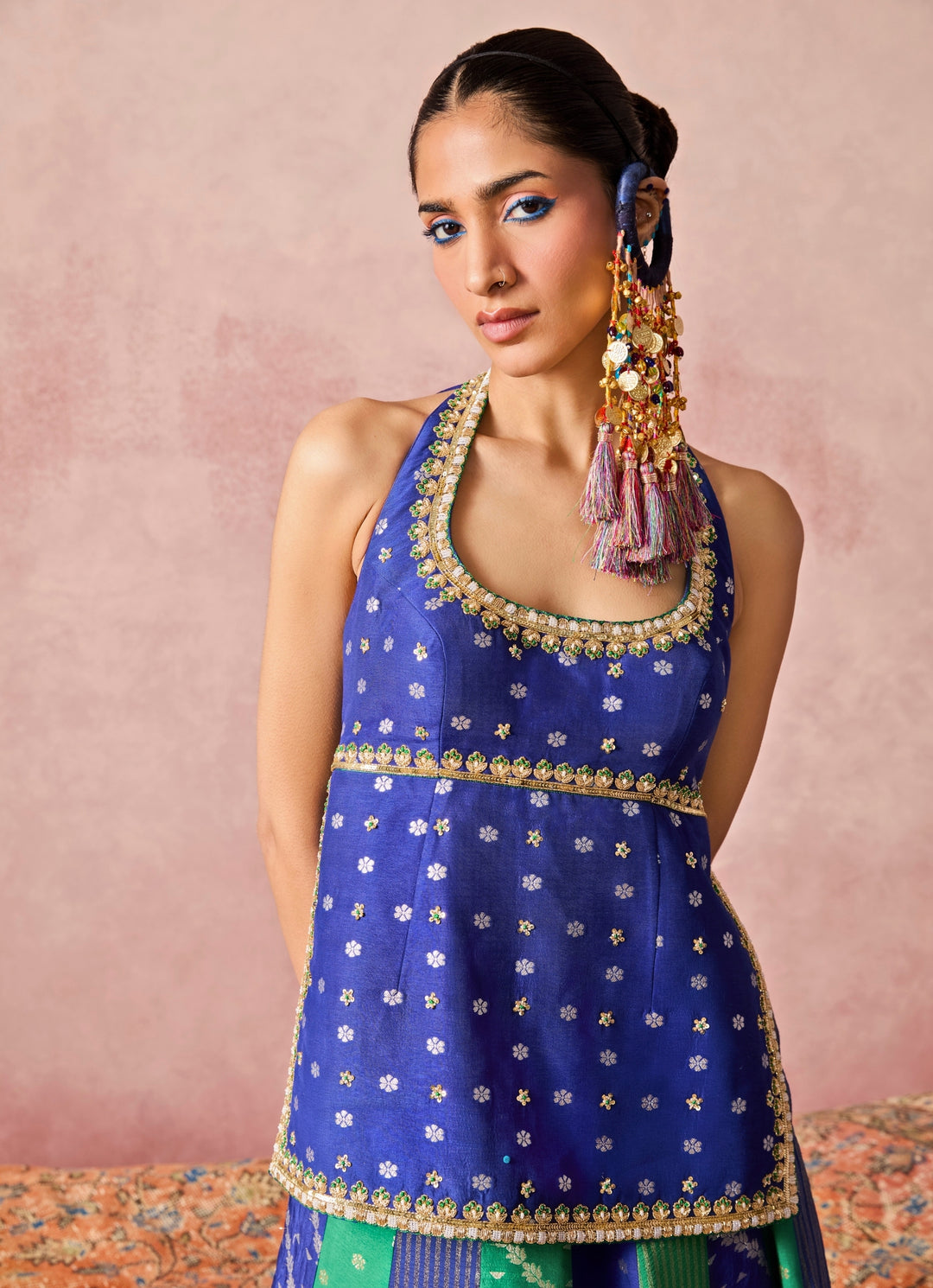 Blue And Green Jamewar Kurta Lehenga Set