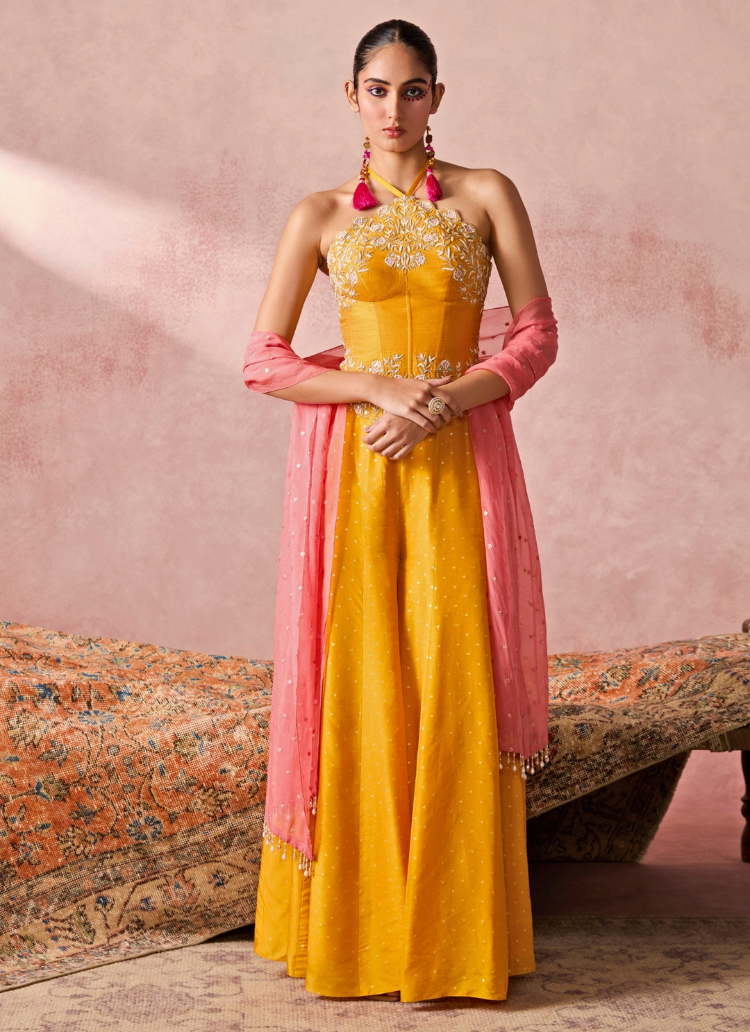 Yellow Jamewar Corset Palazzo Set With Coral Dupatta