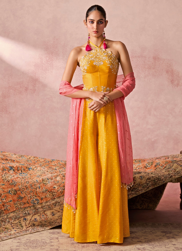 Yellow Jamewar Corset Palazzo Set With Coral Dupatta