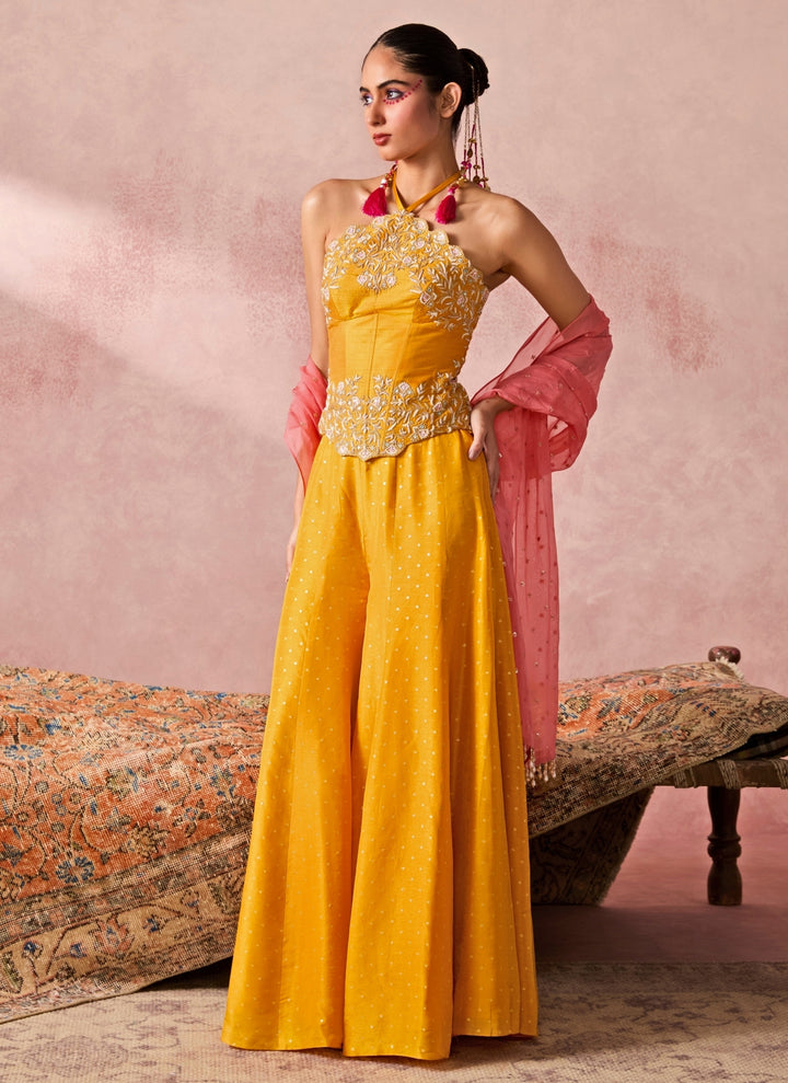 Yellow Jamewar Corset Palazzo Set With Coral Dupatta