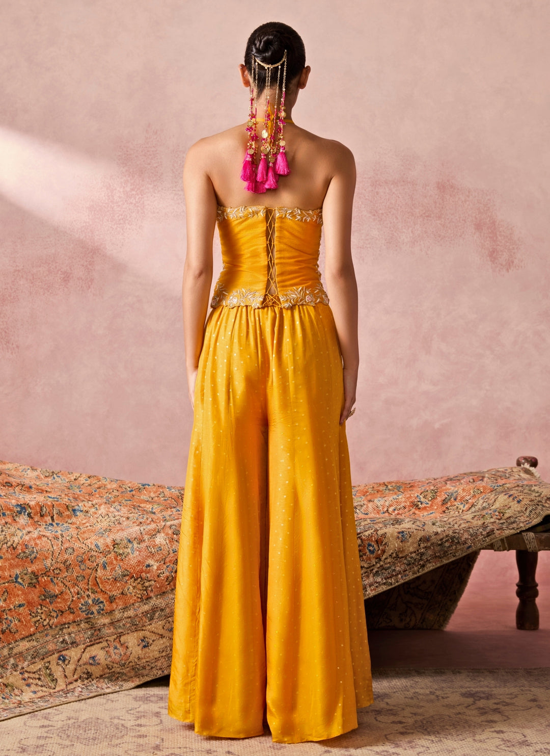 Yellow Jamewar Corset Palazzo Set With Coral Dupatta