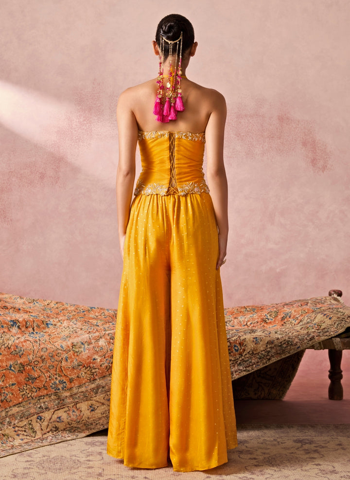 Yellow Jamewar Corset Palazzo Set With Coral Dupatta