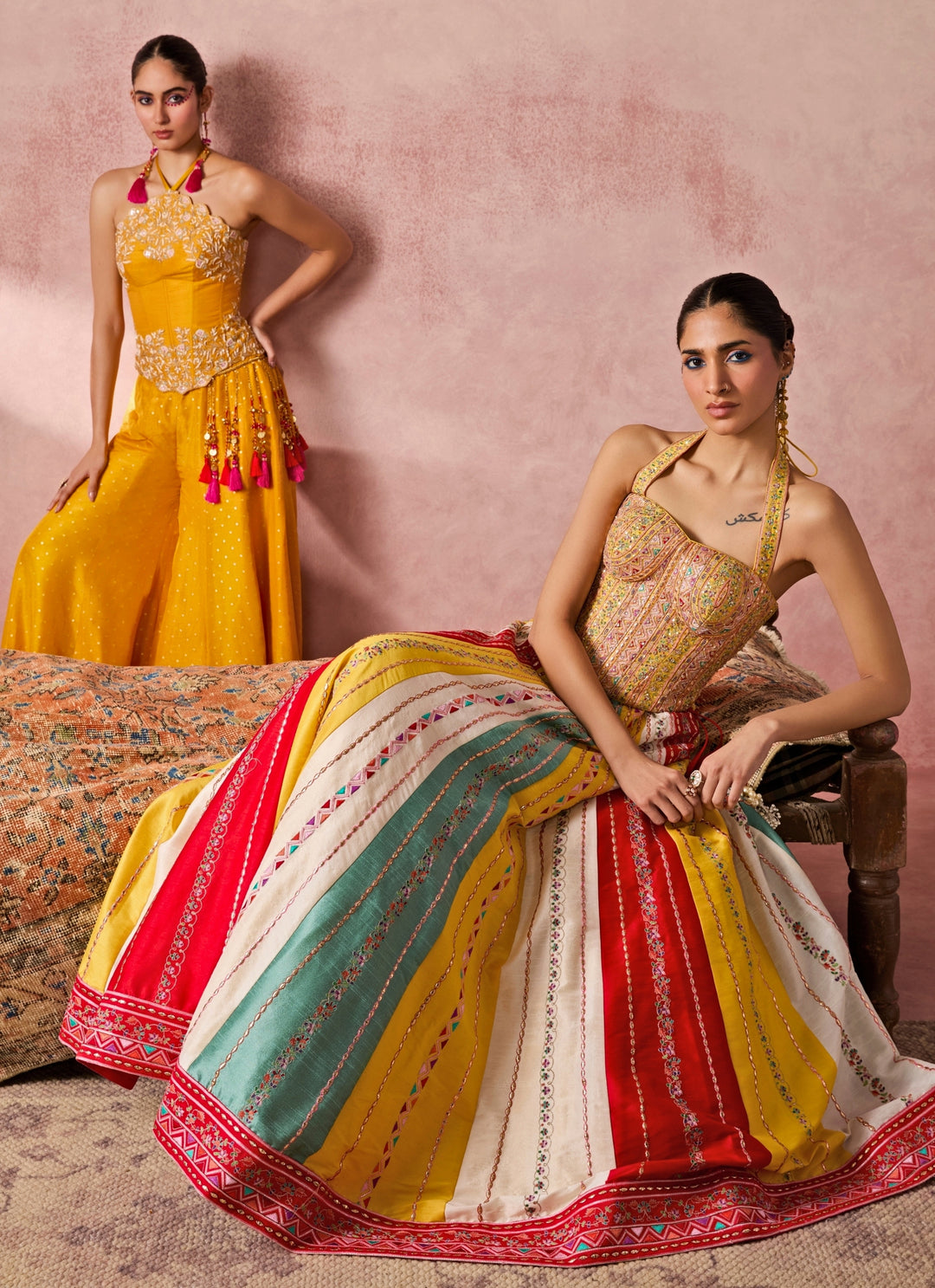 Yellow And Multicolour Dupion Silk Corset Lehenga Set