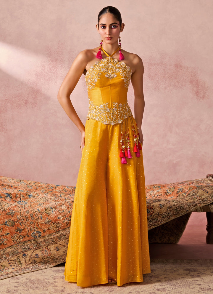 Yellow Jamewar Corset Palazzo Set With Coral Dupatta