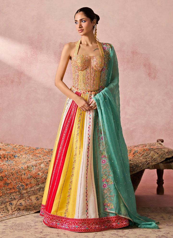 Yellow And Multicolour Dupion Silk Corset Lehenga Set
