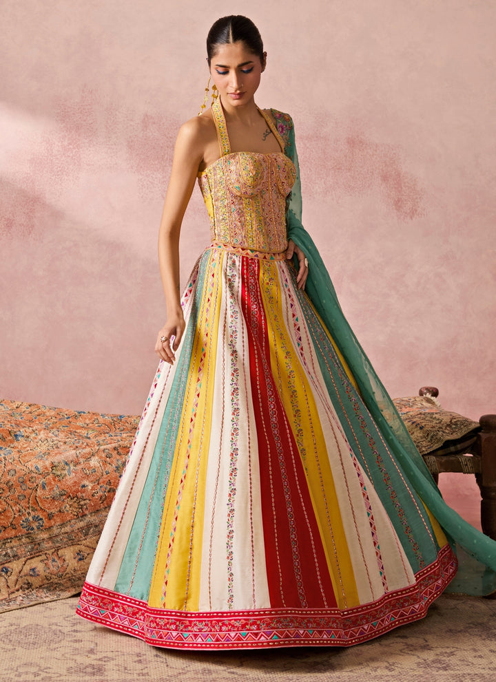 Yellow And Multicolour Dupion Silk Corset Lehenga Set