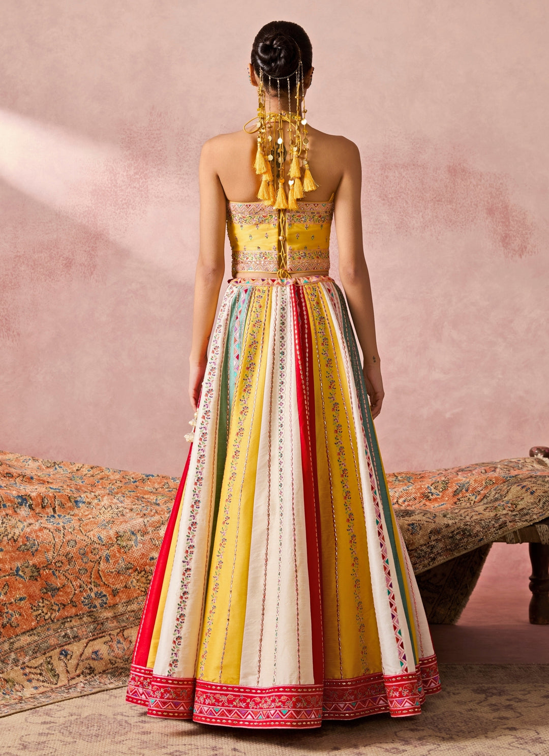 Yellow And Multicolour Dupion Silk Corset Lehenga Set