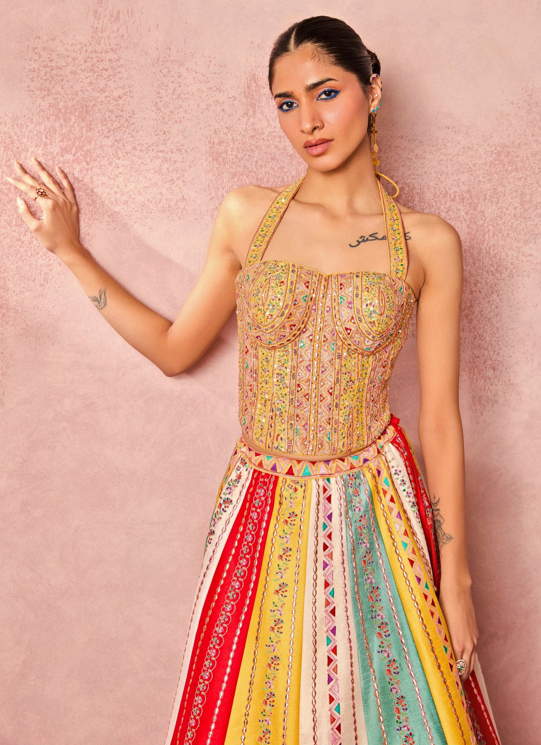 Yellow And Multicolour Dupion Silk Corset Lehenga Set