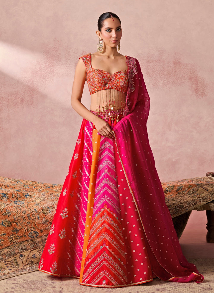 Rust Orange And Pink Dupion Silk Lehenga Set