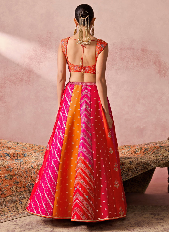 Rust Orange And Pink Dupion Silk Lehenga Set
