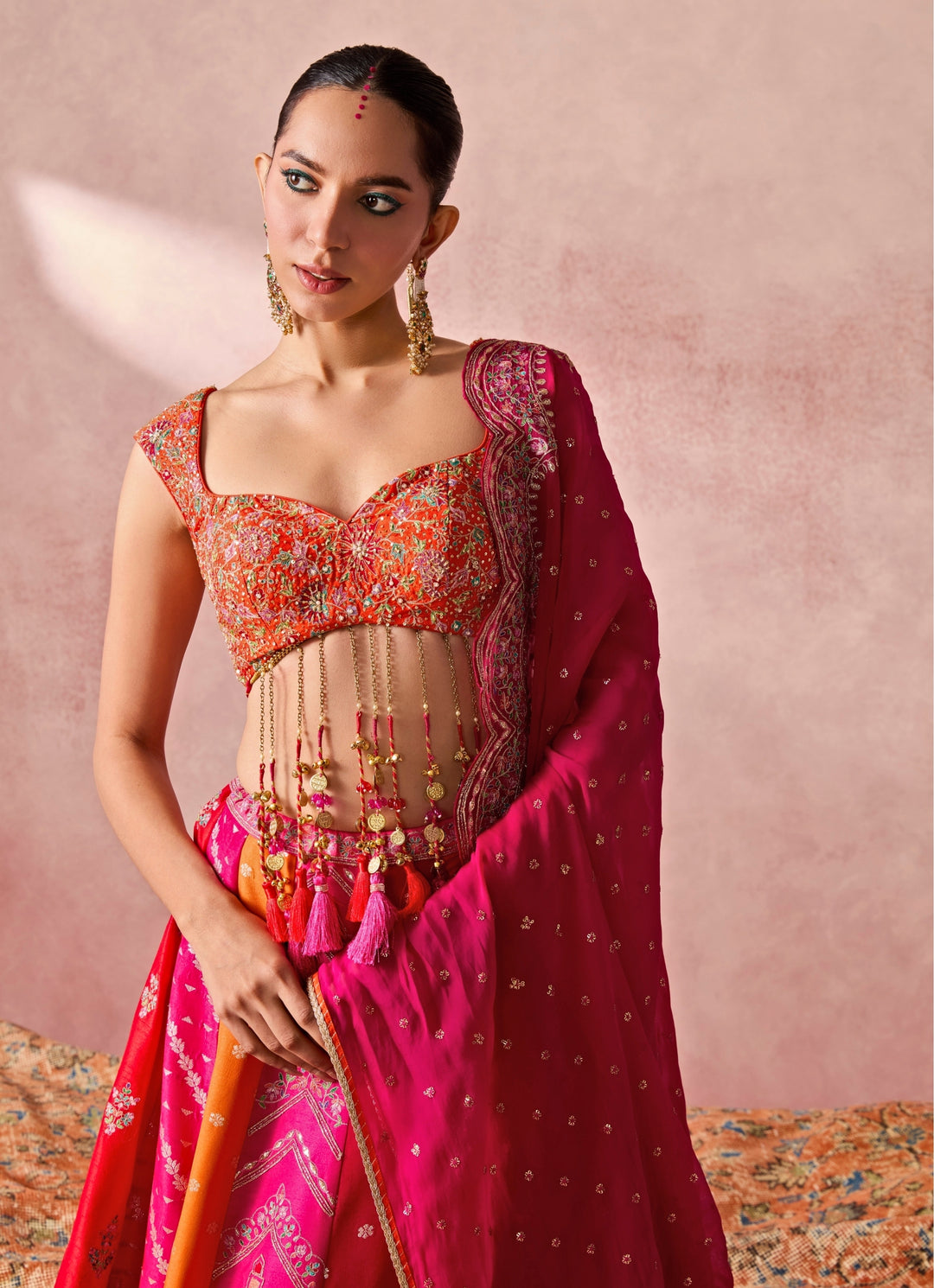 Rust Orange And Pink Dupion Silk Lehenga Set