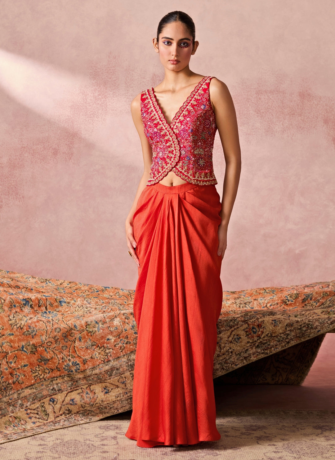 Rust Orange Silk Drape Skirt With Pink Vest