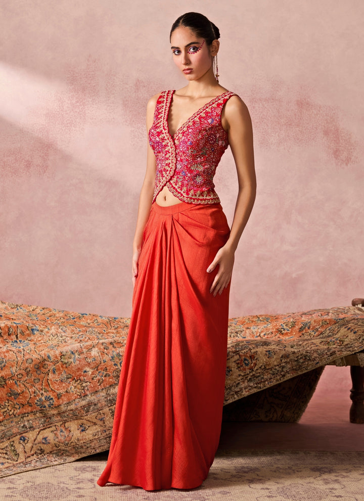 Rust Orange Silk Drape Skirt With Pink Vest