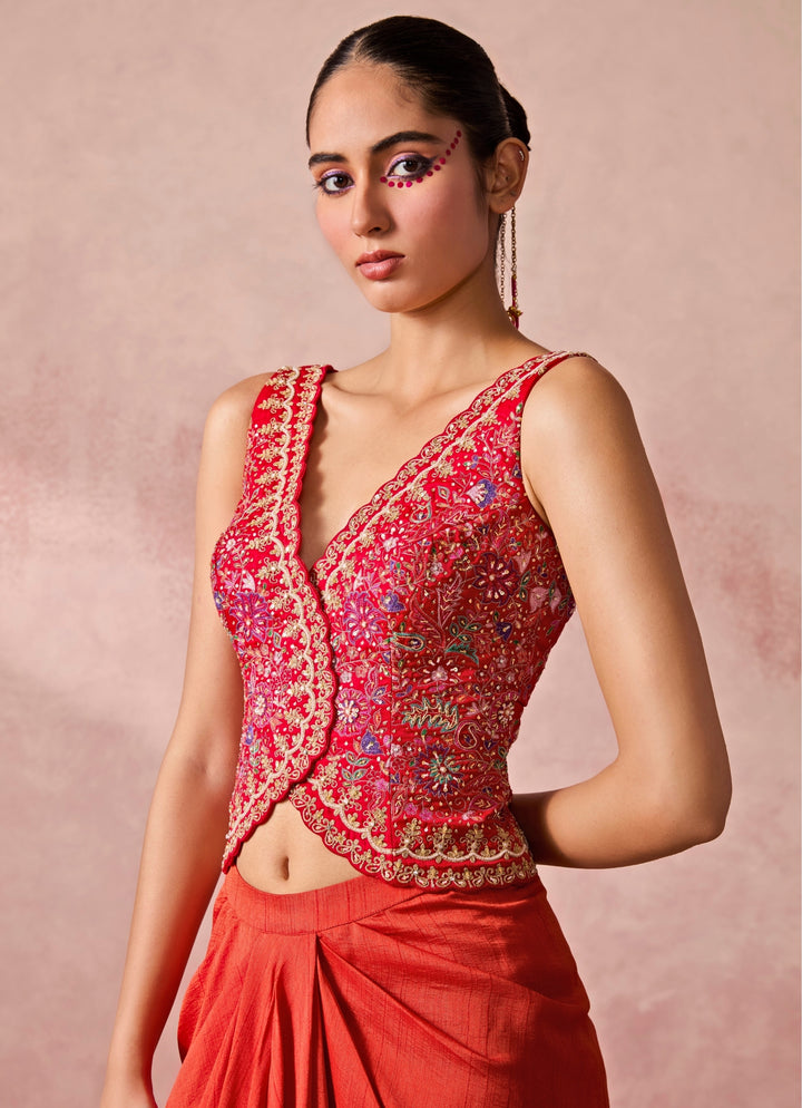 Rust Orange Silk Drape Skirt With Pink Vest