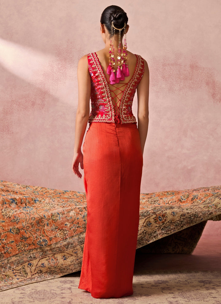 Rust Orange Silk Drape Skirt With Pink Vest