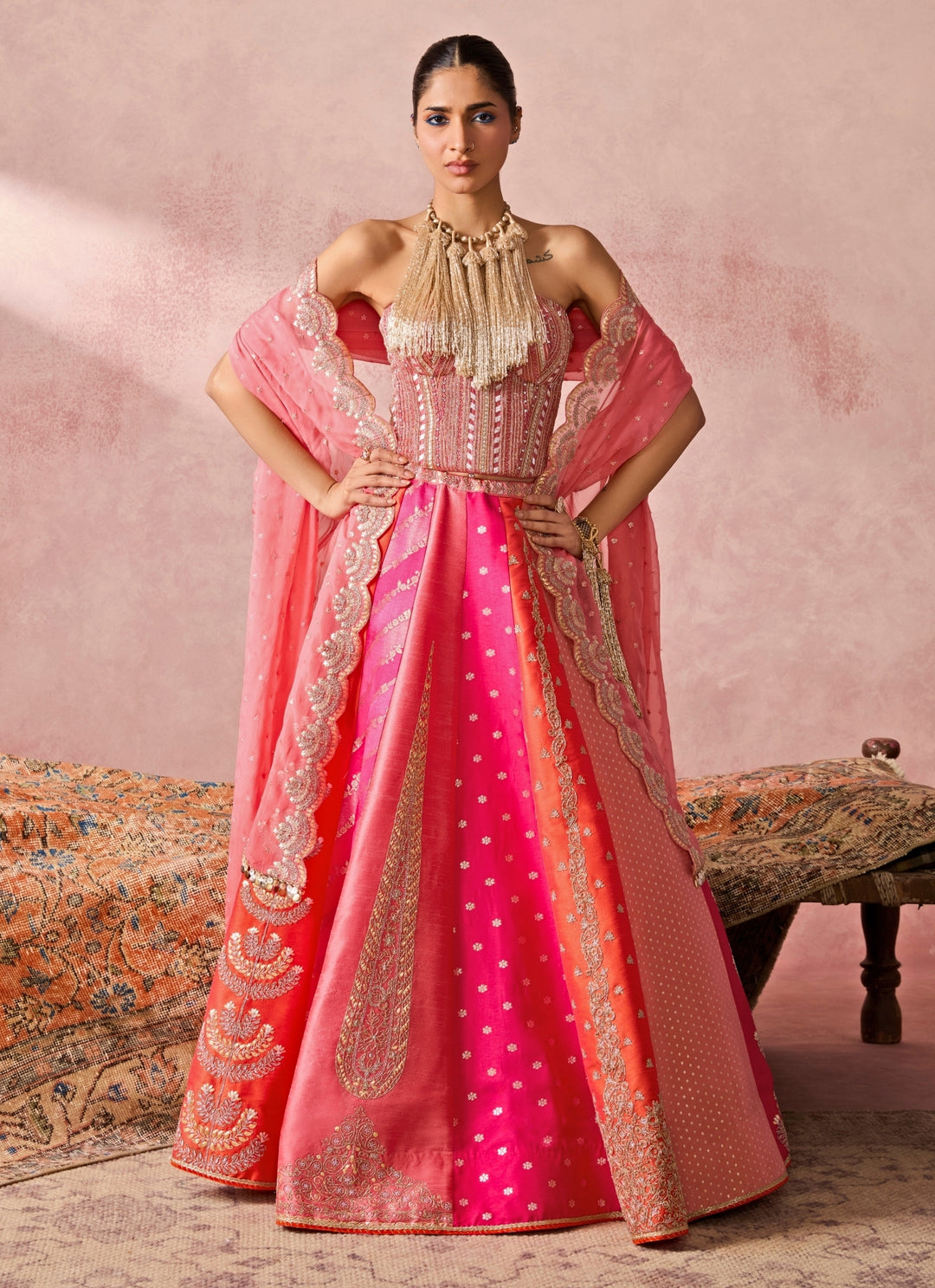 Coral And Multicolour Silk Corset Lehenga Set