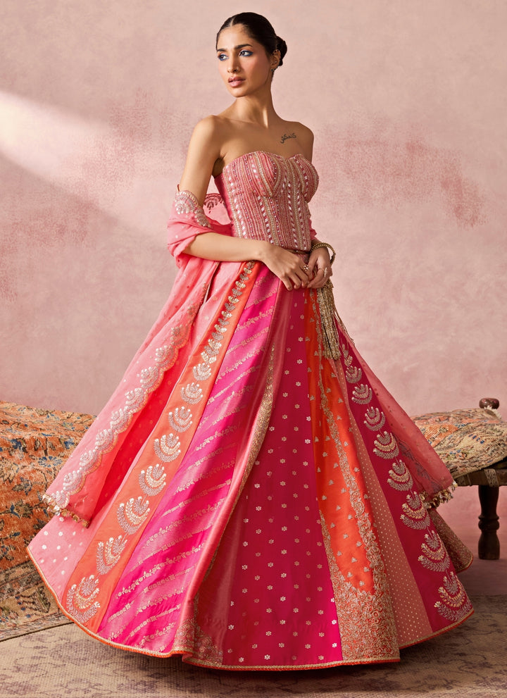 Coral And Multicolour Silk Corset Lehenga Set
