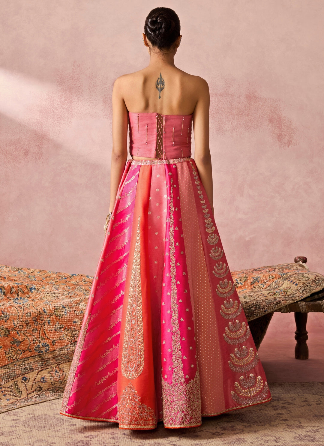 Coral And Multicolour Silk Corset Lehenga Set