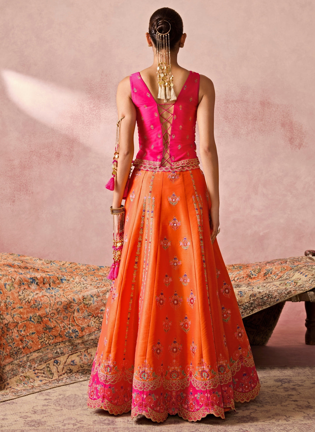 Orange Silk Lehenga Set With Pink Vest