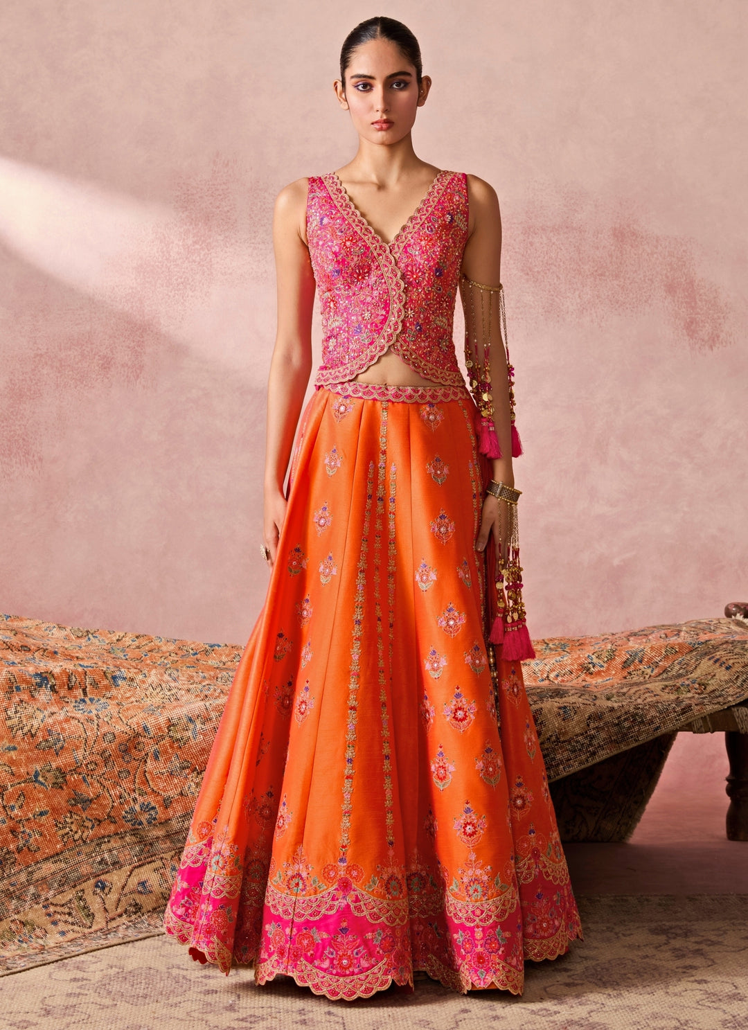 Orange Silk Lehenga Set With Pink Vest