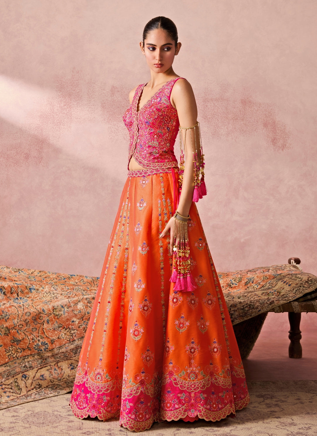 Orange Silk Lehenga Set With Pink Vest