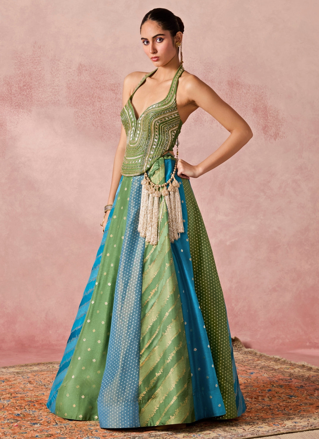 Green And Blue Jamewar Corset Lehenga Set