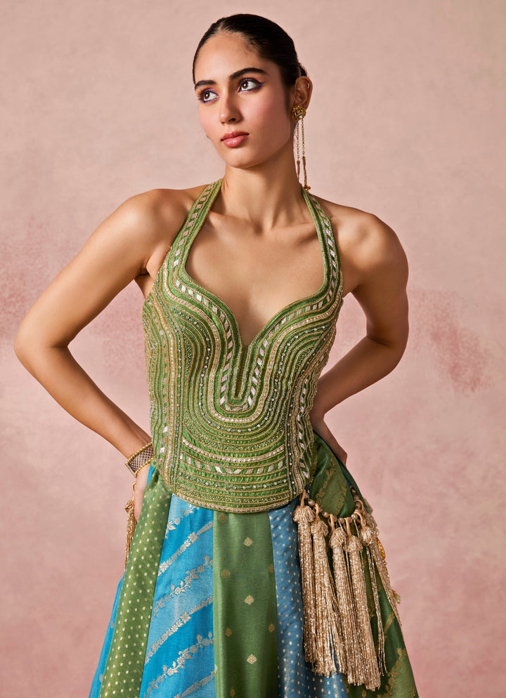 Green And Blue Jamewar Corset Lehenga Set