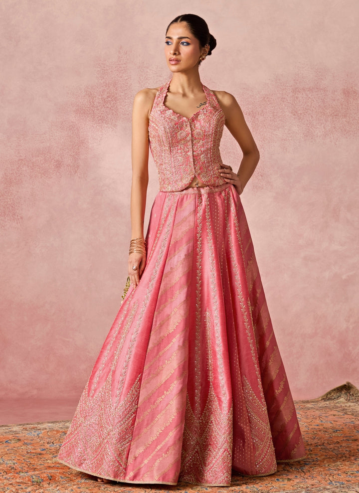 Coral Pink Jamewar Corset Lehenga Set