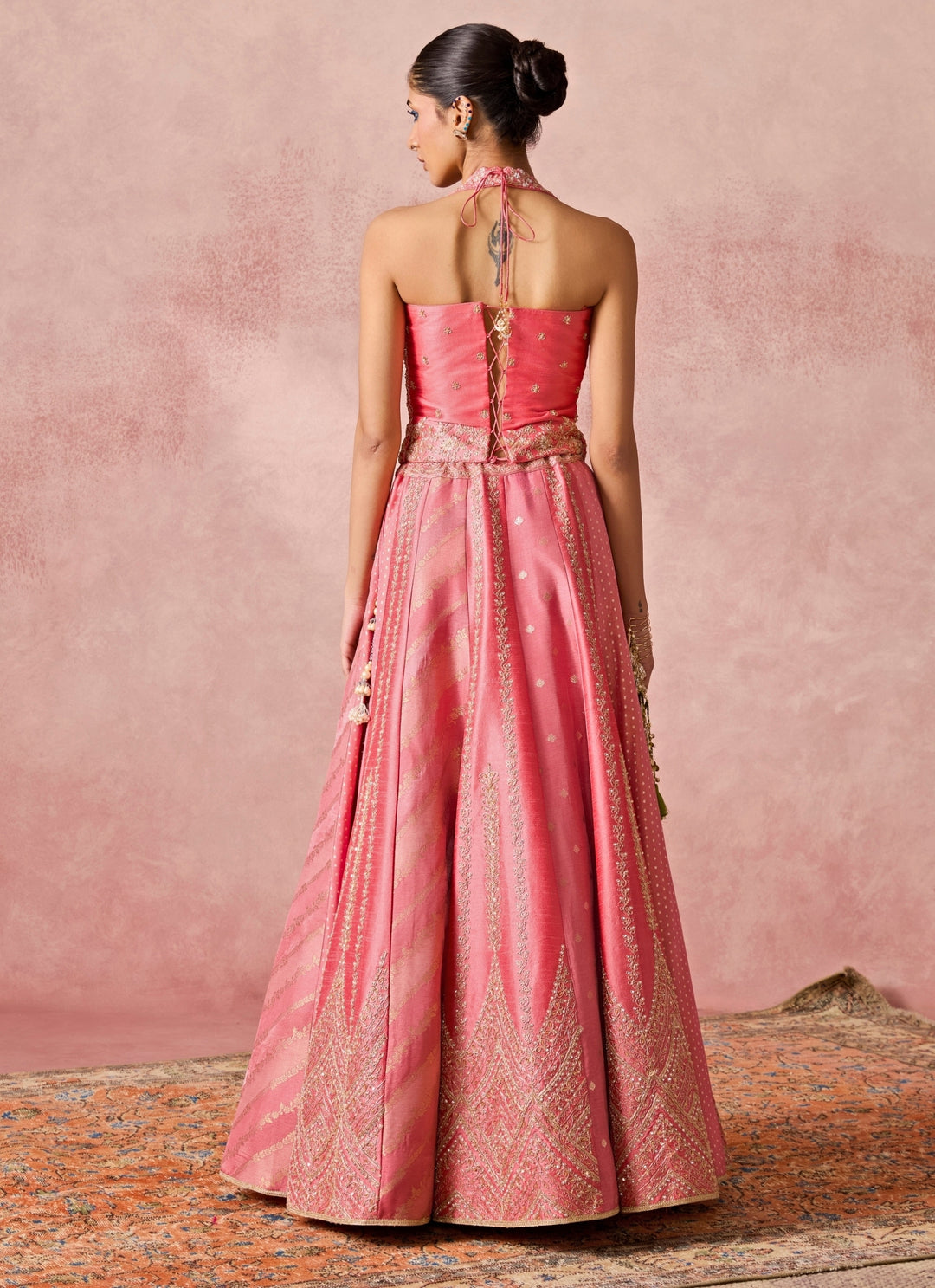 Coral Pink Jamewar Corset Lehenga Set
