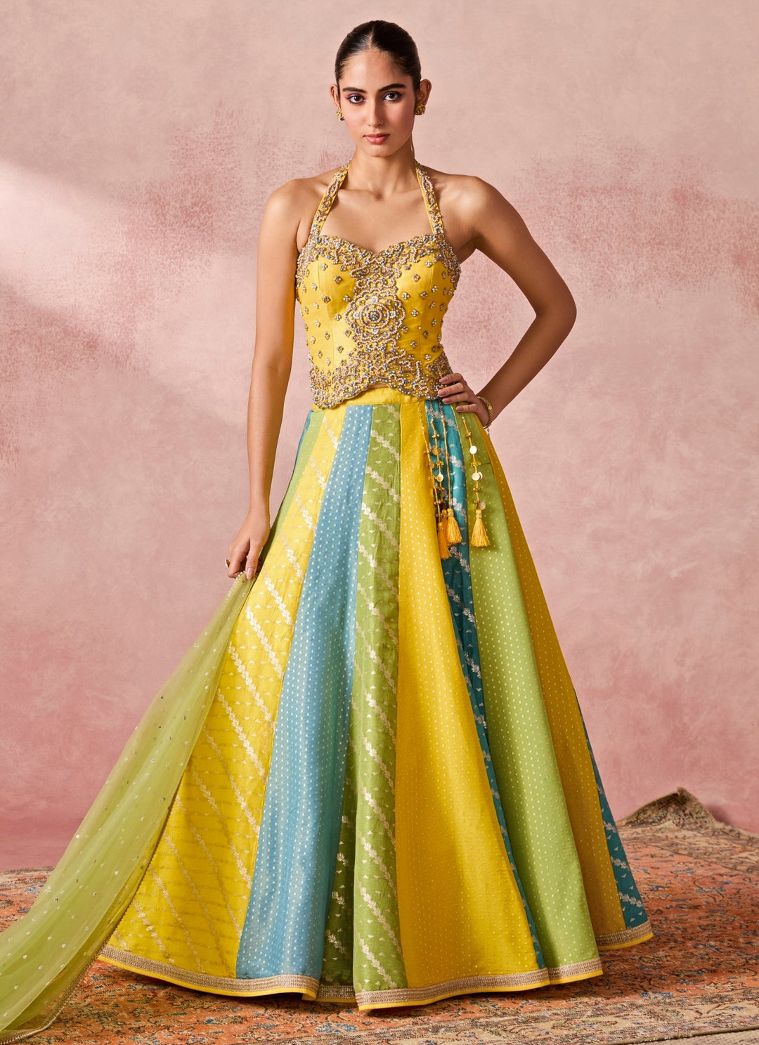 Yellow And Multicolour Jamewar Corset Lehenga Set